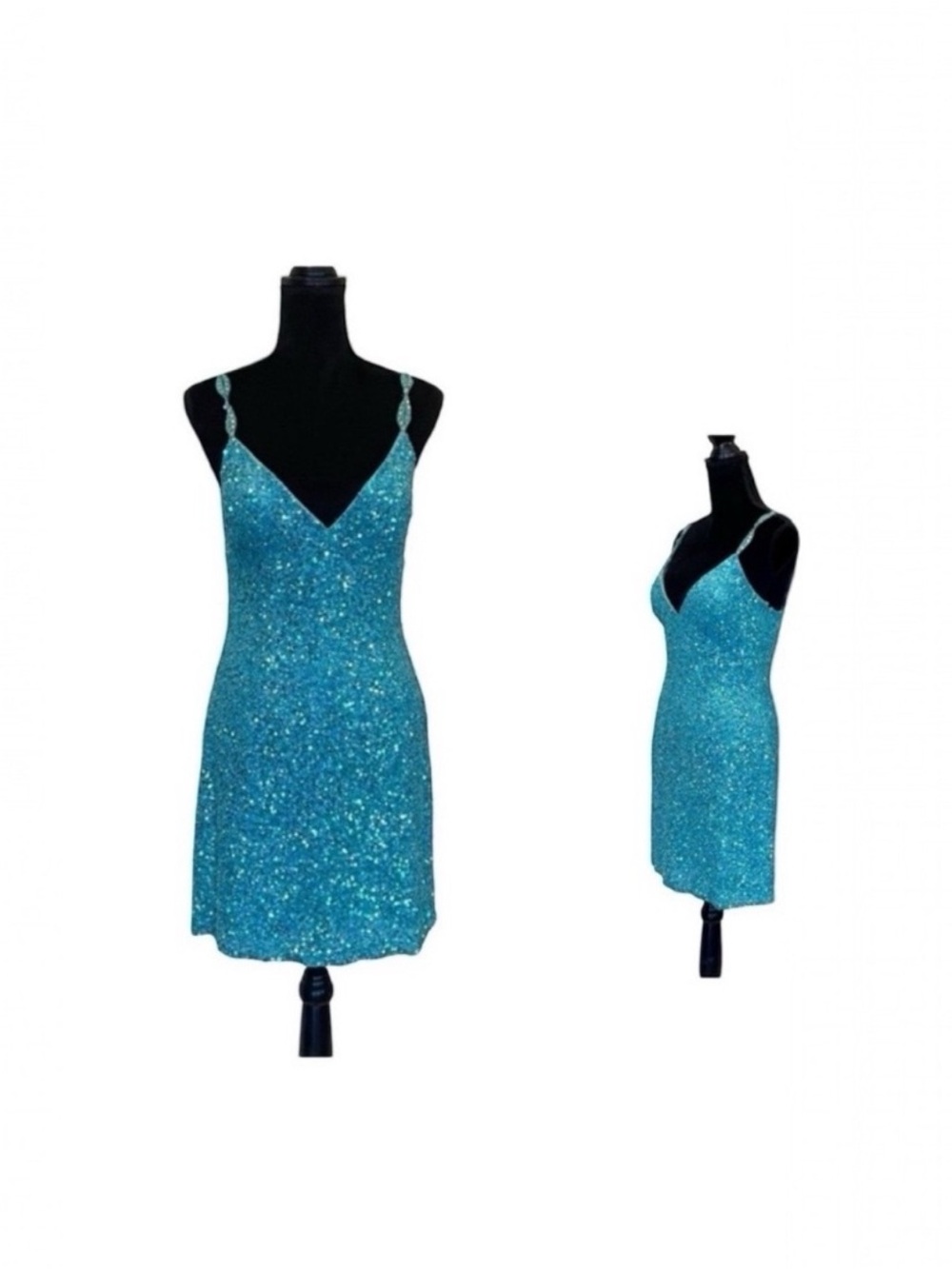 Scala NWT turquoise sequins embellished spaghetti strap formal mini dress medium